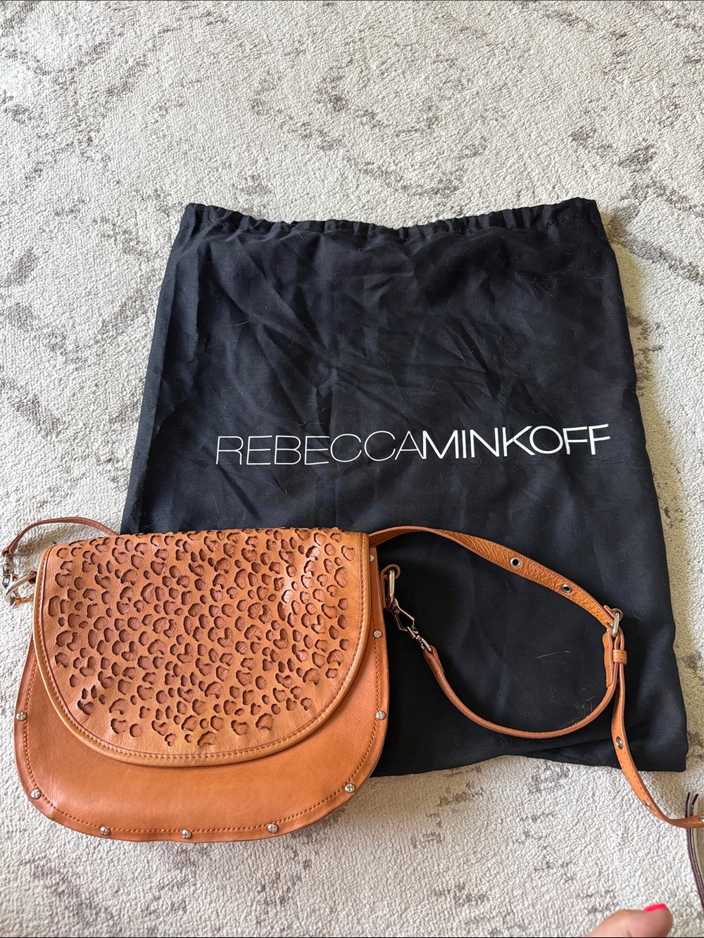 Rebecca Minkoff Leather Leopard-Accent Saddle Bag in Cognac